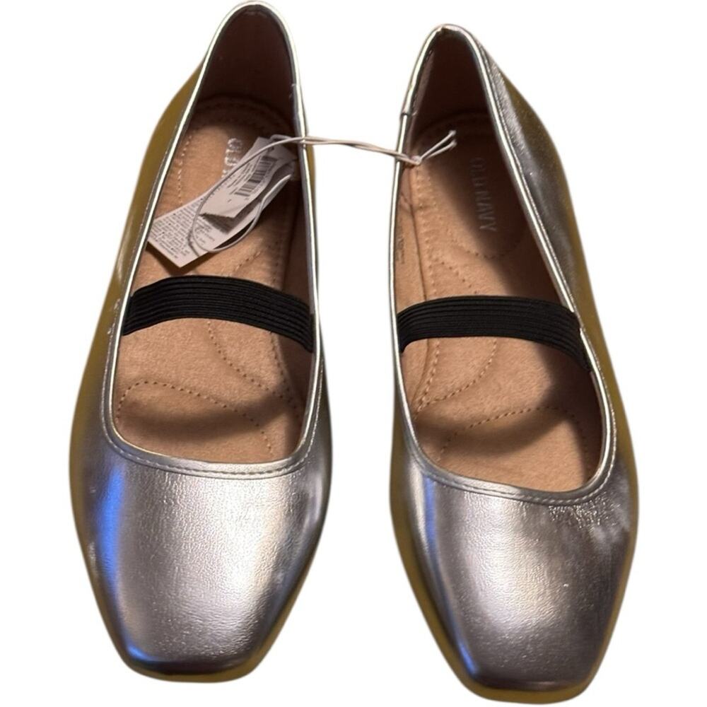 Old Navy Women's Mary Jane  Low Heel Ballet Silver Loafers with Black Strap Sz 7
